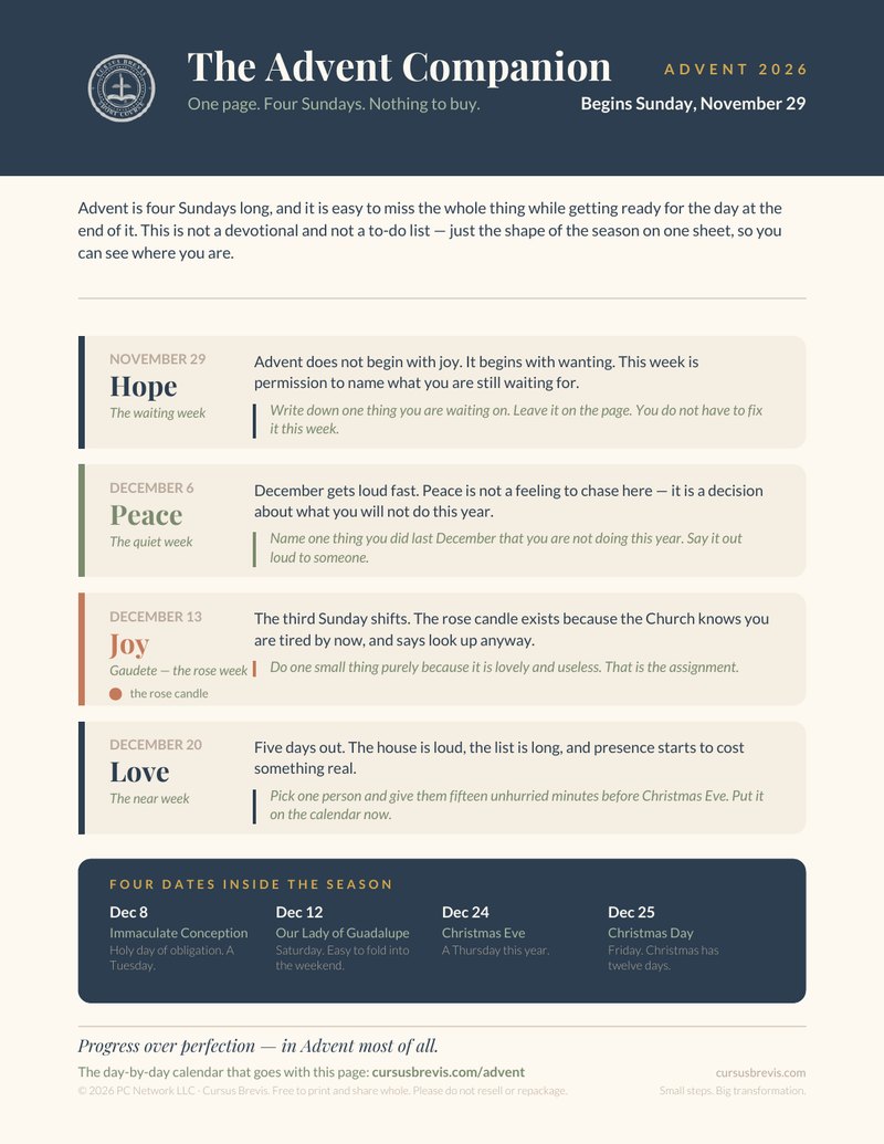 The Advent Companion 2026: one page with the four Sundays of Advent (Hope, Peace, Joy, Love), one small action for each week, and the four dates inside the season.