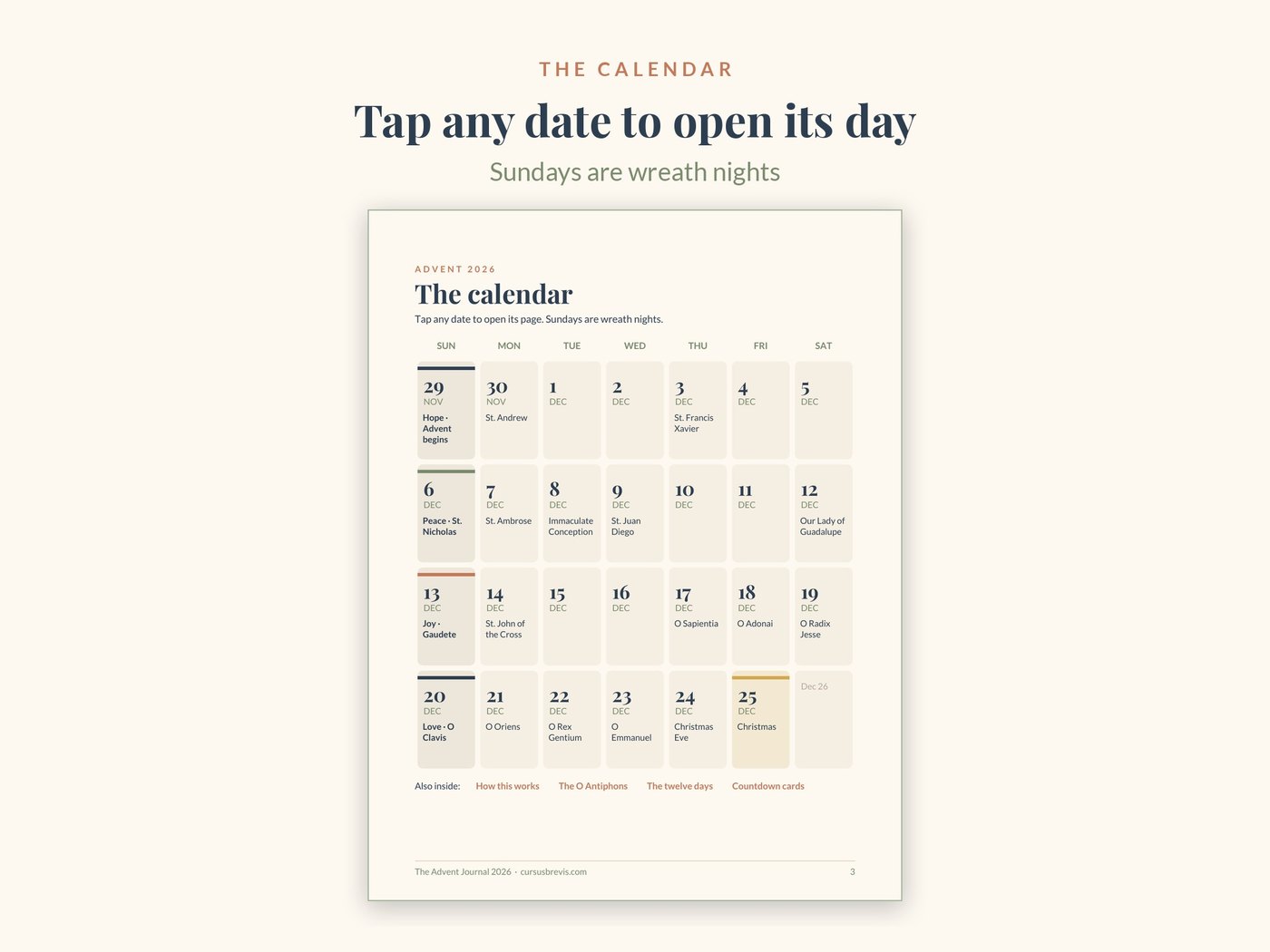 The tappable Advent calendar page, November 29 to December 25