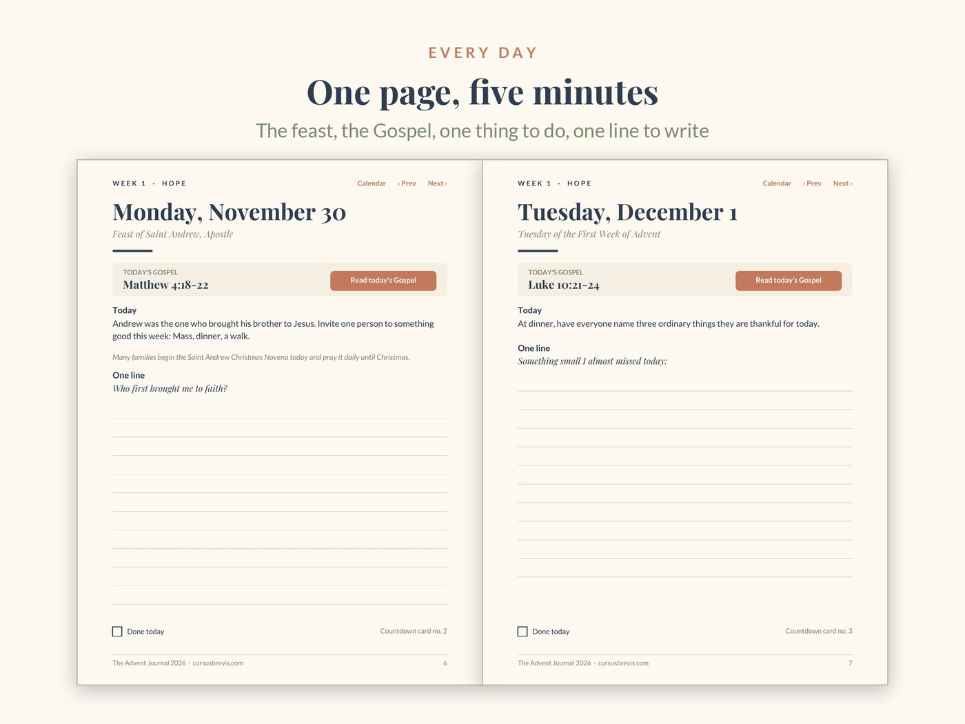 Two day pages with the Gospel, one thing to do, and a line to write