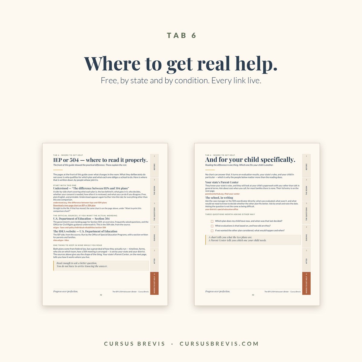 The IEP & 504 Advocate's Binder — Where to get real help, pages 42 and 43