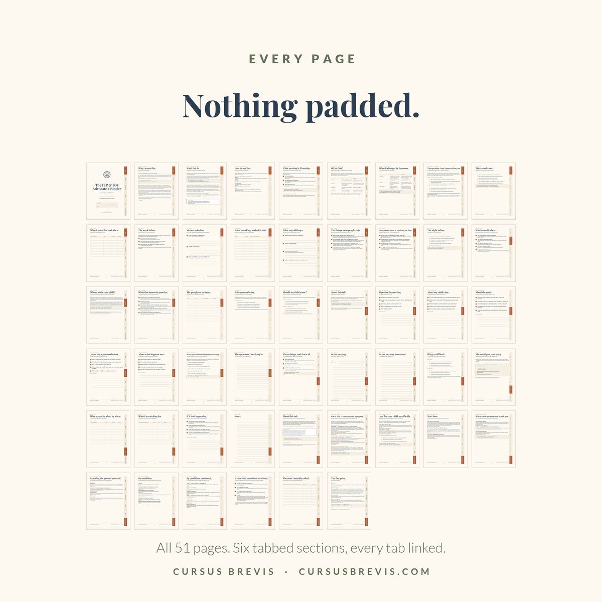 The IEP & 504 Advocate's Binder — Every page, all 51 pages, six tabbed sections