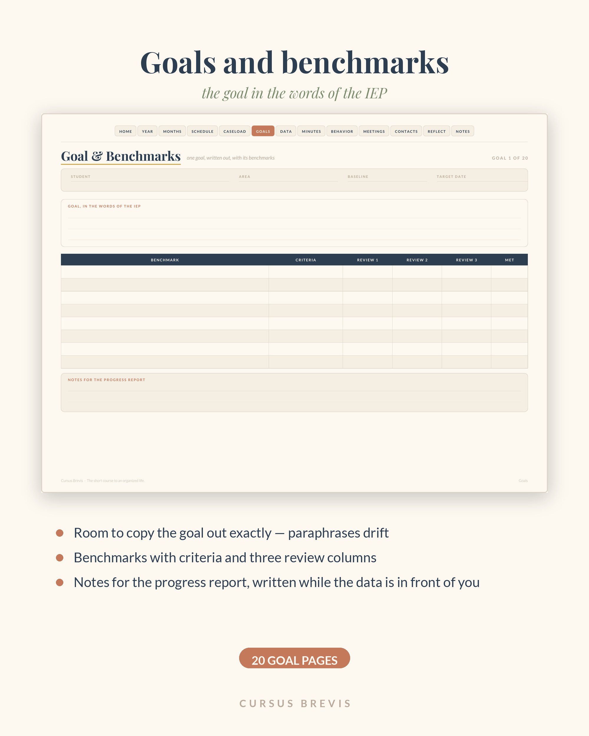 Goal page — the IEP goal, benchmarks, three review columns