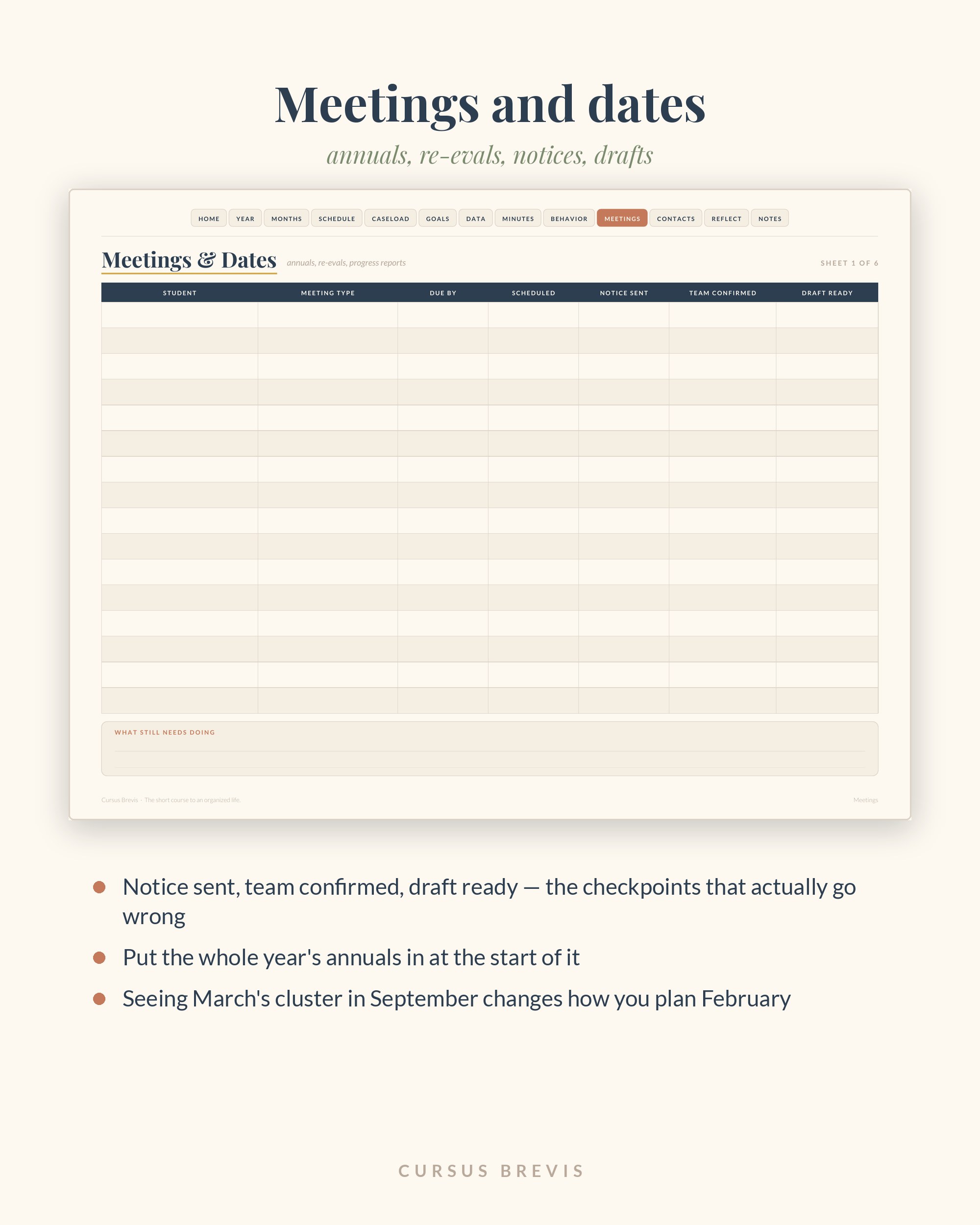 Meeting tracker — annuals, re-evals, notices sent, drafts ready