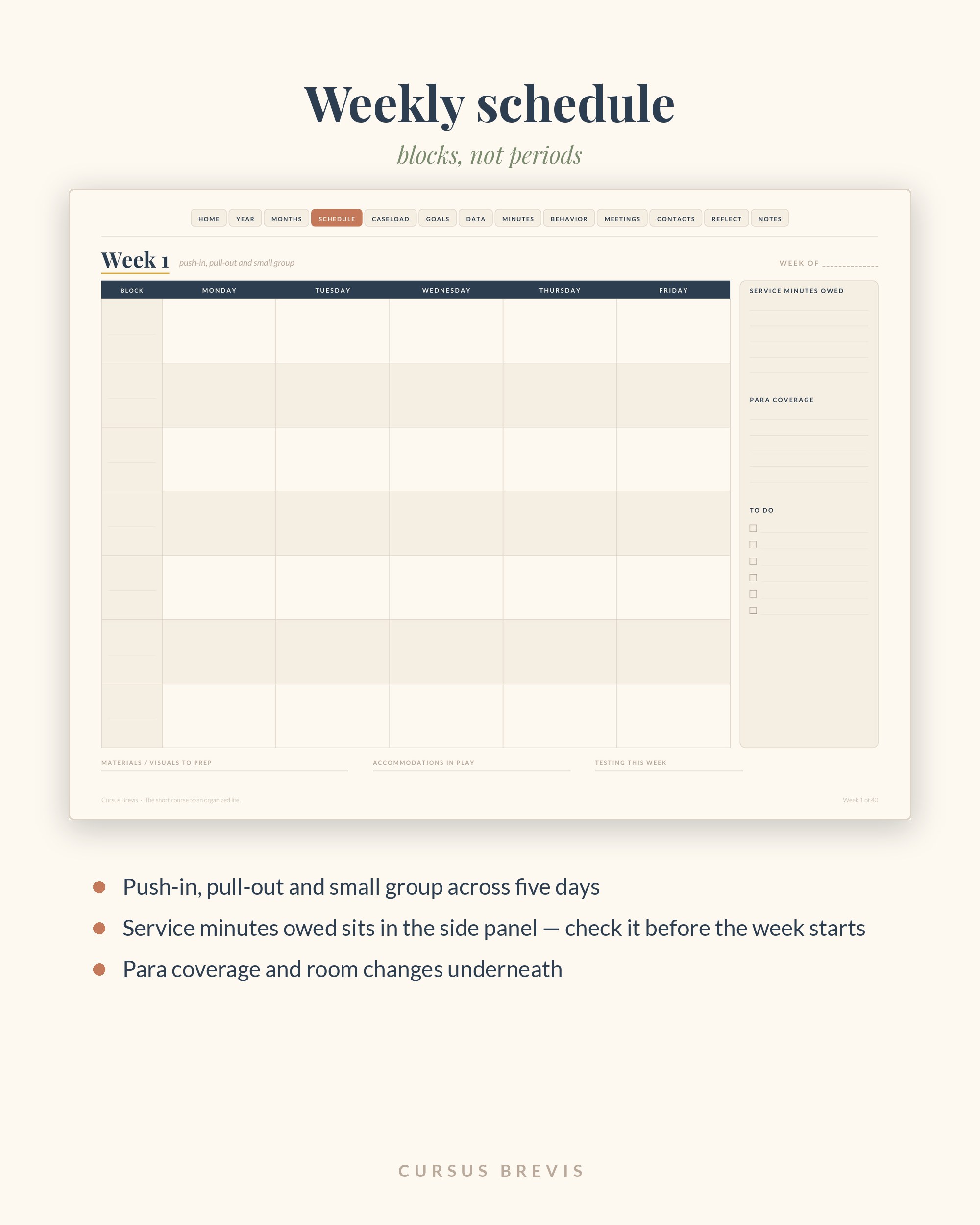 Weekly schedule — push-in, pull-out and small group blocks