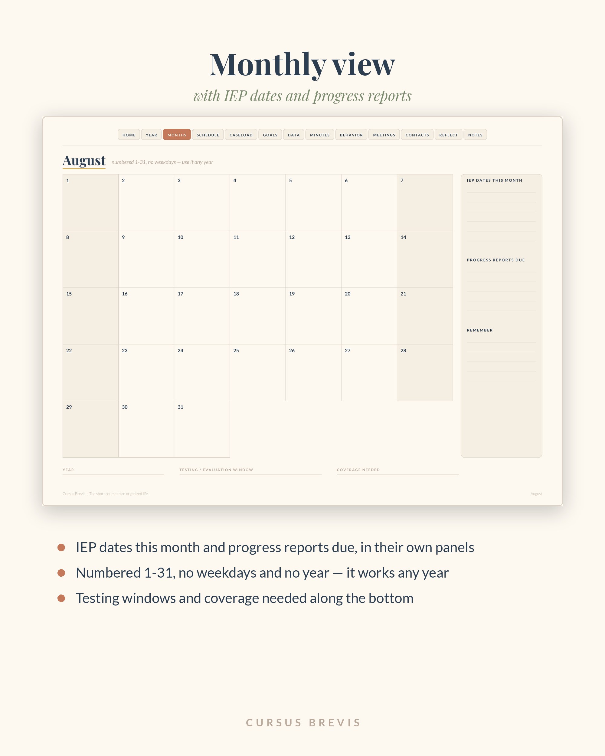 Month grid with IEP dates and a progress report panel